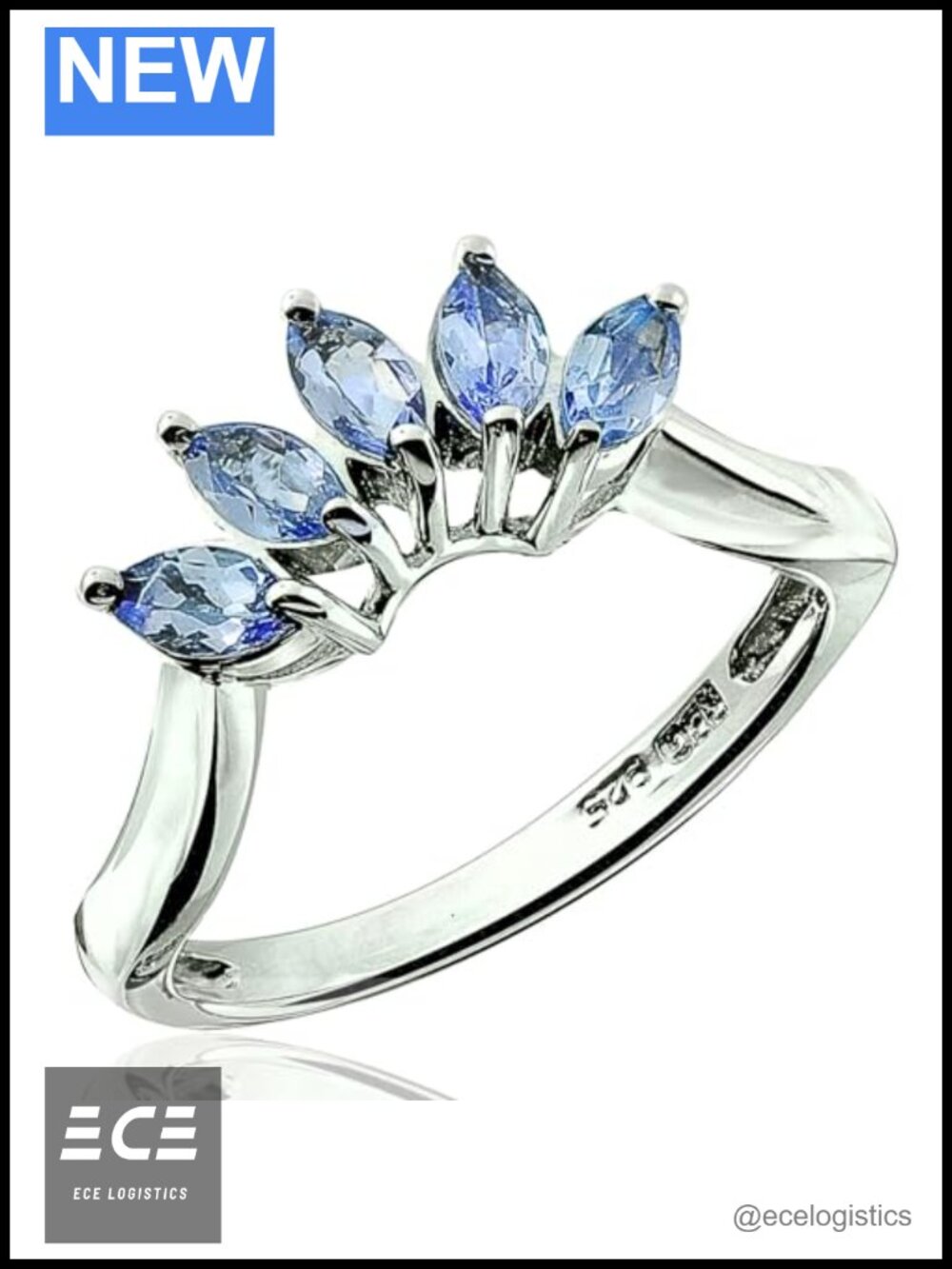 925 Sterling Silver Ring Marquise Genuine Gems Rhodium Plated Statement Ring